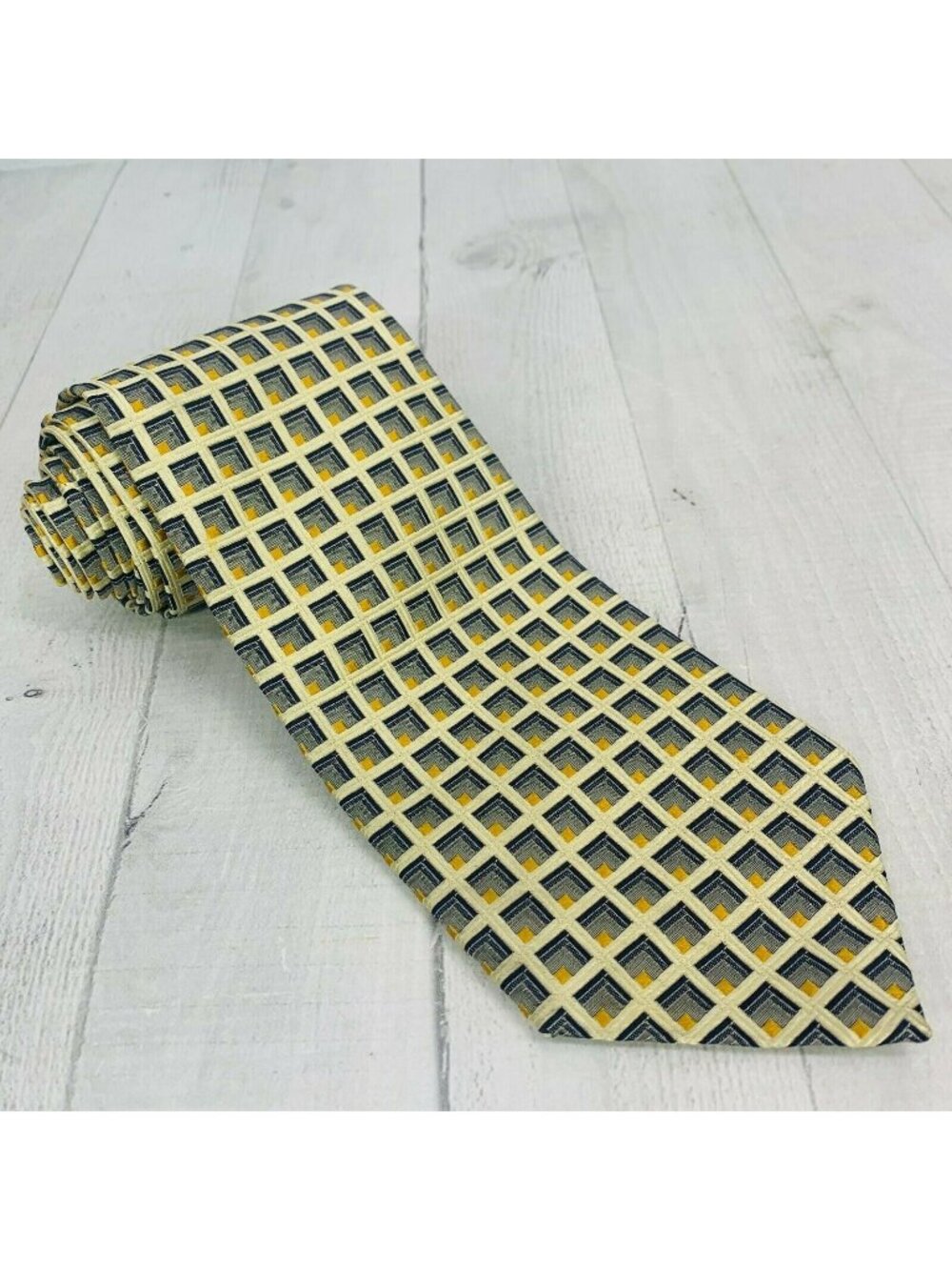 Daniel Craig Pure Silk Hand Made In Italy Gold Green Blue Yellow Squares Tie